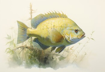Obraz premium Portrait of angry looking fish on the hunt for food yellow green colour dark finned, plants in the background 
