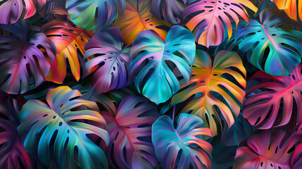 monstera background iridescent colorful metallic leaves pattern wallpaper blue yellow pink vivid bold texture nature shiny sparkling neon glossy design plant holographic foil light dark contrast pink