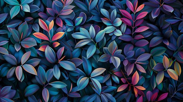 background with colorful leaves black backdrop iridescent pattern wallpaper blue purple green vivid bold texture nature shiny neon glossy design plant holographic foil light dark contrast