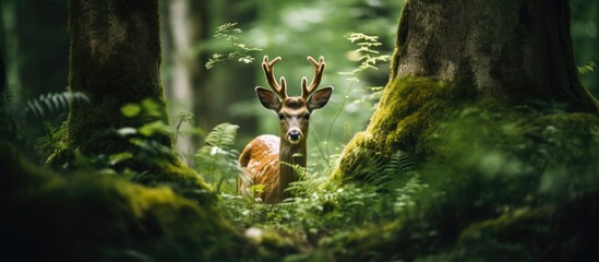 A wild deer of the species Capreolus capreolus is seen standing in the middle of a dense forest during the spring season, staring directly into the camera.