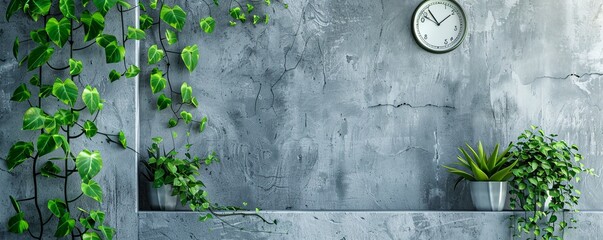 Springtime Background with Clock and Plants Against a Concrete Wall. Textured Wallpaper with Copy-space. - Powered by Adobe