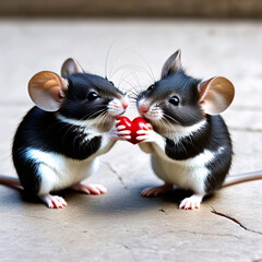 Ratones enamorados se regalan un corazón rojo.