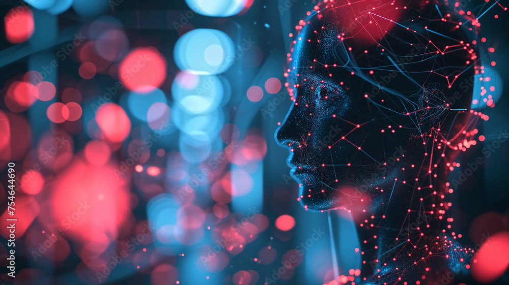 Poster digital concept art of a human profile with a mesh of network connections, against a bokeh light bac