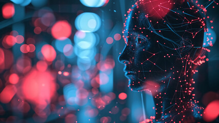 Digital concept art of a human profile with a mesh of network connections, against a bokeh light background.
