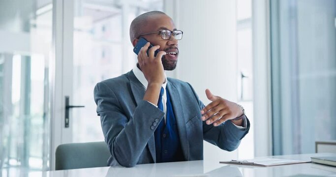 Negotiation, office or businessman on a phone call talking, networking or speaking to chat in discussion. Mobile, planning or African male entrepreneur in conversation, communication or deal offer