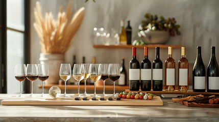 Contemporary grape wine tasting setup with assorted wines