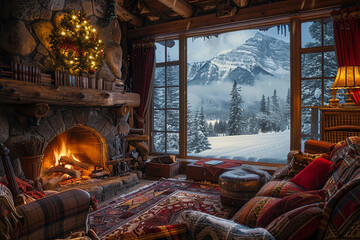 cozy cabin with a roaring fireplace snow outside
