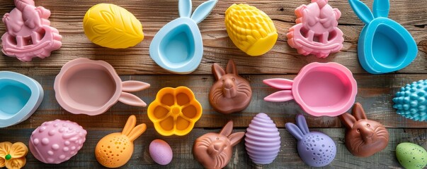 Easter Baking Made Fun: Vibrant Silicone Molds for Eggs and Bunnies Spread Out on an Old Wooden Surface