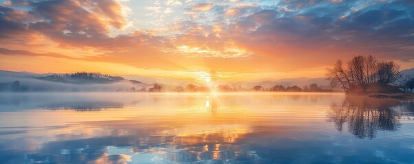 Naklejka na ściany i meble Dawn of Hope: Easter's First Light Mirroring on a Peaceful Lake