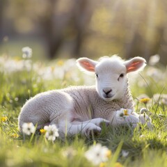Naklejka premium The Quintessence of Spring: A Young Lamb Finds Solace in the Vibrant Green Grass of Easter Morning
