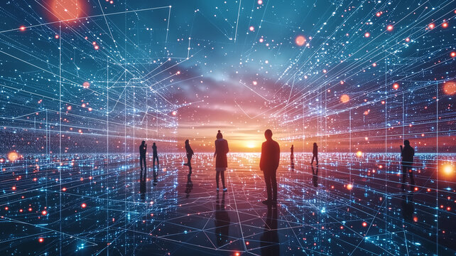 Silhouetted figures standing in a vast digital grid network against a striking sunset backdrop.
