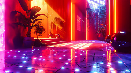 Neon Dreams: A Futuristic Interior Bathed in Neon Light, Showcasing the Vibrant Intersection of Technology and Architectural Design