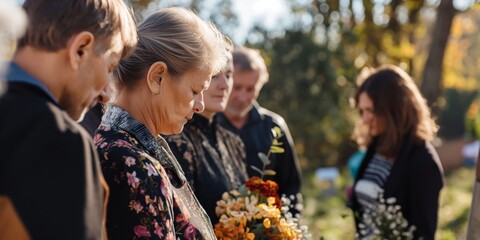 Family members stand together in solemn unity at a sunset graveside service, honoring a loved one's memory. - obrazy, fototapety, plakaty