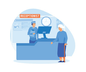 Hospital receptionist giving old woman information, checking in for appointment. Senior lady visiting medical clinic office, worker providing support to patient. flat vector modern illustration