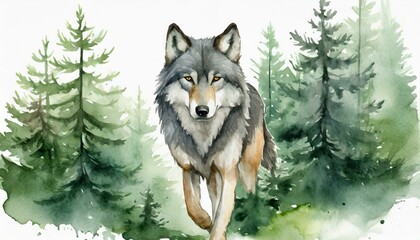 Watercolor portrait of a gray wolf in the wild using natural colors in a forested remote mountain setting with green pine trees