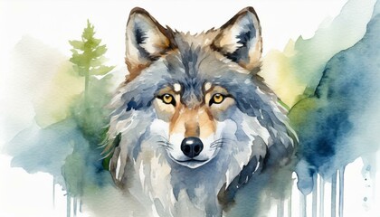 Watercolor portrait of a gray wolf in the wild using natural colors in a remote mountain setting