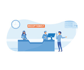 Fototapeta na wymiar Hospital reception concept. A man walking to a hospital reception where he is greeted by a smiling young woman. Man asks a question to the hospital register office. flat vector modern illustration