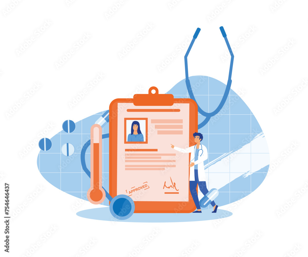 Poster ehr or electronic health record concept. abstract tablet with patient health status and history file