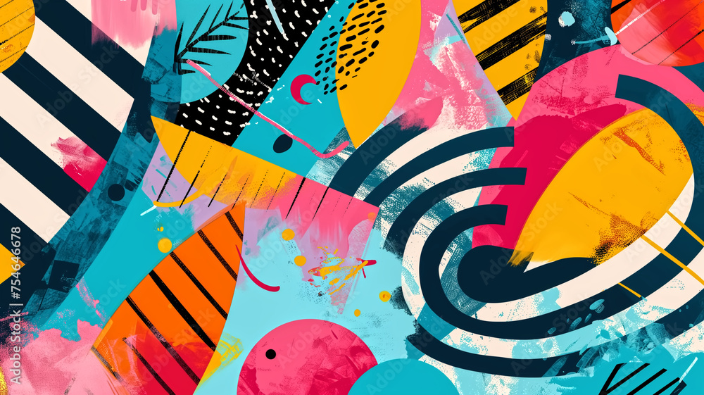 Poster an energetic abstract collage featuring a mix of vibrant textures, patterns, and shapes in bold colo