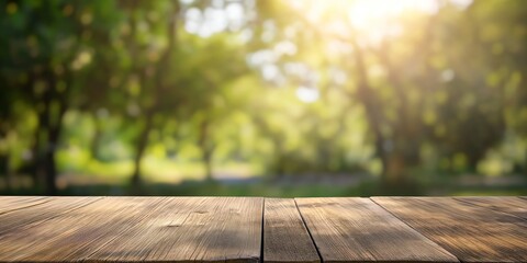 Sunlight filters through a forest canopy onto an empty rustic wooden table, setting a serene and natural stage. - obrazy, fototapety, plakaty