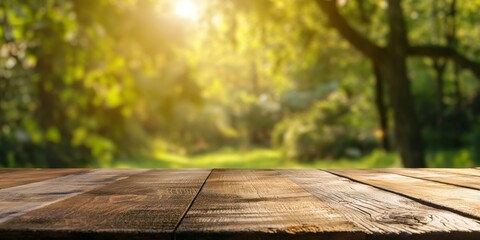 Sunlight filters through a forest canopy onto an empty rustic wooden table, setting a serene and natural stage. - obrazy, fototapety, plakaty