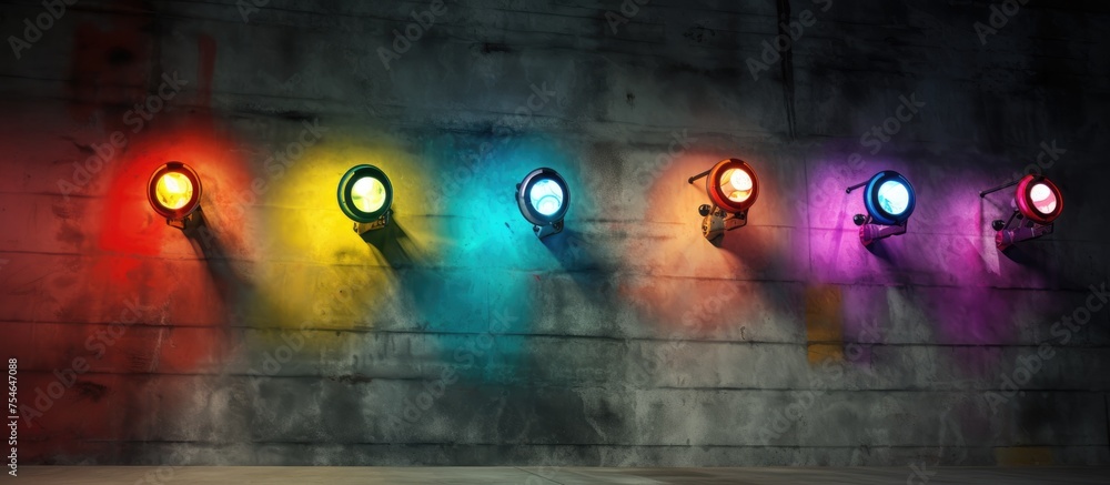 Aufkleber a row of vibrant spotlights illuminating a brick wall, creating a striking visual display of colors 