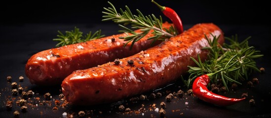 A pair of savory smoked game sausages, seasoned to perfection, sit atop a dark wooden table. The sausages are slender and inviting, ready to be enjoyed as a delicious snack or meal.