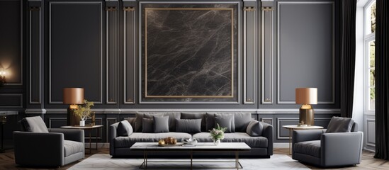 A modern classic living room featuring an array of furniture and a painting hanging on the wall. The room is designed with gray tones, classic molding elements, brown leather textures, and black