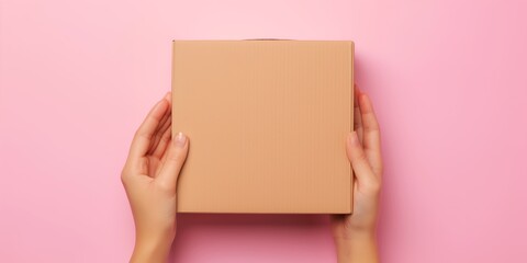 A pair of hands gently holding a square cardboard box on a soft pastel pink background, perfect for minimalistic and modern design concepts.