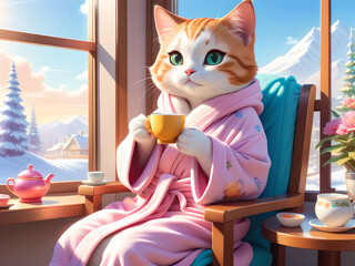 Animated red cat in a bathrobe drinks tea while sitting in a chair near a sunny window.