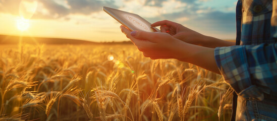 young women farmer use tablet in the wheat field. technology modern farm concept background