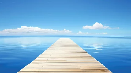  Tranquil wooden pier extending into calm blue waters © Artyom