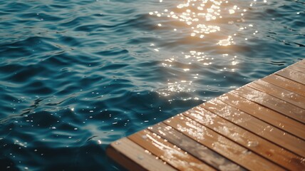 Glistening water beside a wooden dock, reflecting sunlight
