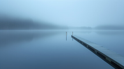 A tranquil scene featuring a narrow dock leading into the still waters of a misty lake at dawn