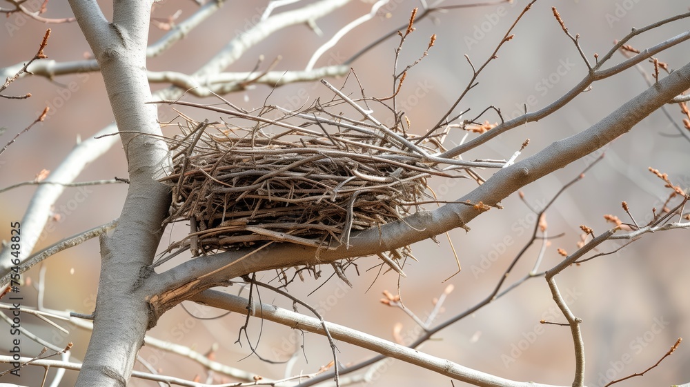 Poster empty bird's nest cradled in the bare branches of a tree
