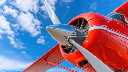 Red vintage airplane propeller with blue skies and fluffy clouds