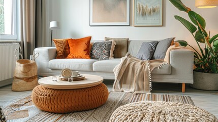 Cozy and inviting living room interior design blending Scandinavian-inspired decor with warm textures earthy tones and integrated smart home technology for comfort and convenience