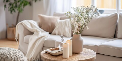 Modern home interior with a cozy arrangement of candles and fresh white flowers on a wooden coffee table, creating an ambiance of calm and comfort.