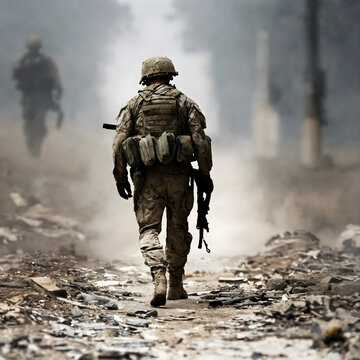 Soldier alone exhausted and injured walking