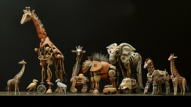 Creative minimalist fusion African wildlife art toys combining nature with culinary and mechanical artifacts