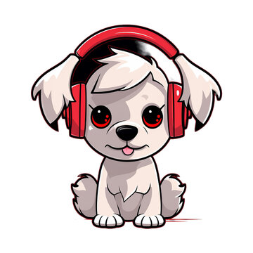 A listening music dog logo with headphones 3D, Isolated on transparent PNG background, Generative ai