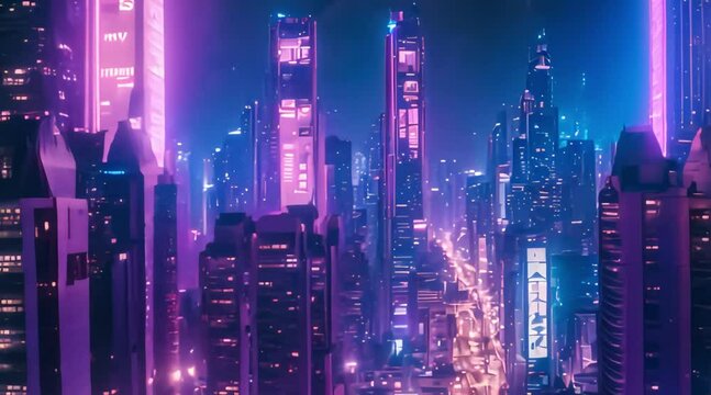 Cyberpunk city of futuristic fantasy world featuring spectacular nighttime skyscrapers