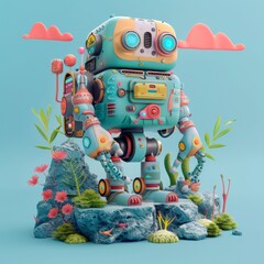 A whimsical robot surrounded by plants and rocks against a blue sky with a pink cloud 3d style