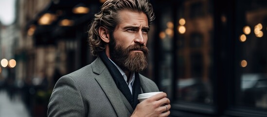 Obraz premium A fashionable man with a beard holding a cup of coffee or tea while looking to the side, enjoying a moment with his beverage.