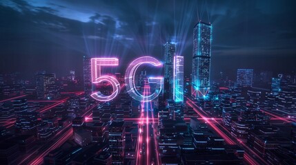 5G network towers illuminating a city