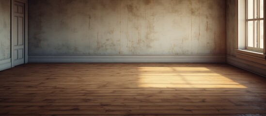 An empty room with a wooden floor and a window. The room is devoid of furniture and decoration, emphasizing the simplicity of the space. Sunlight filters through the window, casting a soft glow on the