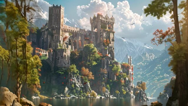 fantasy landscape with kingdom concept. 4k video
