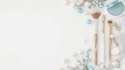 Elegant makeup brushes and beauty products arranged on a white surface