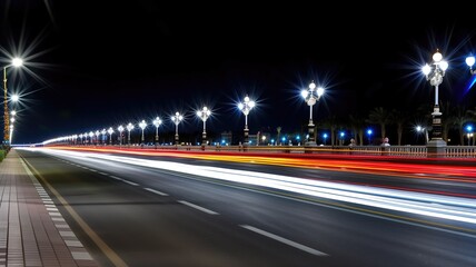 Fototapeta na wymiar Long exposure of vibrant night lights trailing on a coastal road