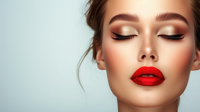 A high-fashion image of a woman with striking red lipstick and flawless makeup